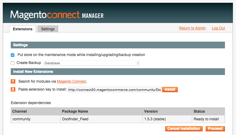 Installing Doofinder from Magento Connect